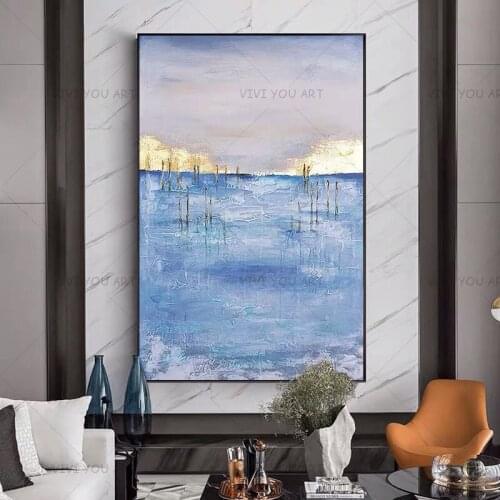 High Quality Blue View Abstract Dreamlike Shading Method Oil Painting Canvas Handmade Painted Home Decor Artwork