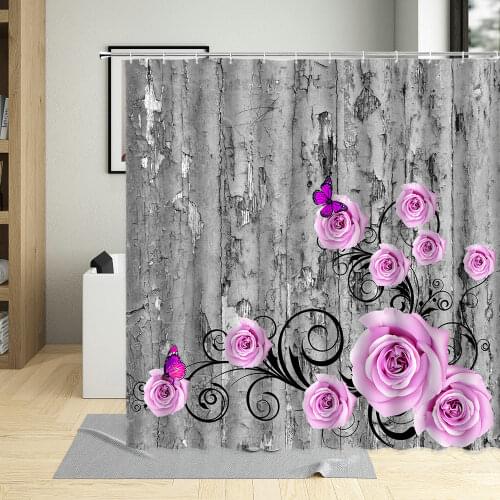 Floral Plant Retro Wood Grain Shower Curtain Cat Tree Branch Leaves Rose Flower Bathroom Curtains Polyester Fabric Bathtub Decor