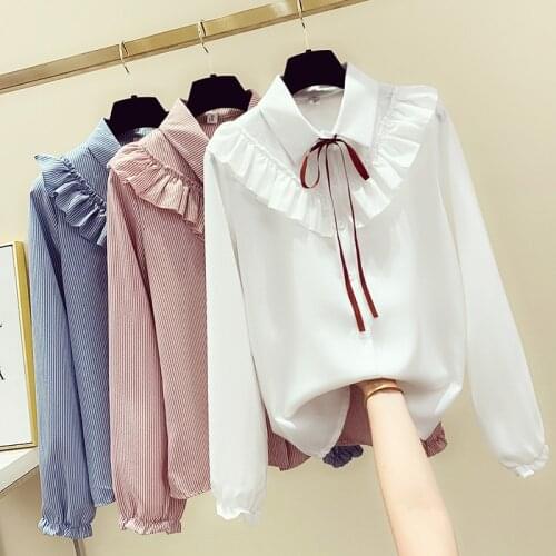 Women Casual Poncho Style Women Blouse and Tops Long Sleeve bow striped Fashion Ruffle Shirts Girls Casual blusa mujer 2020