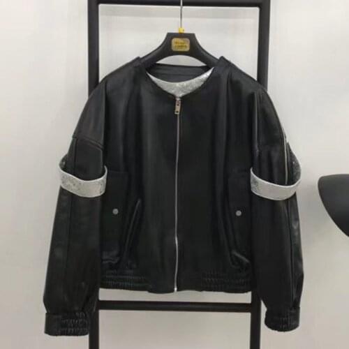 Women Spring Jacket 2021 New Arrival Short Length Genuine Leather Coat Female O-Neck Silver Armband Outerwear Plus Size