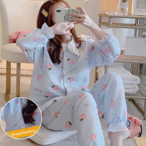 Winter Breastfeeding Pajamas Set Sweet Long Sleeve Collar Cotton Nursing Cardigans+Adjustable Pants Lactation Twinset