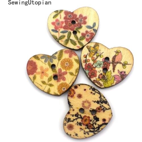 100PCS 25MM Wooden Buttons Mixed Red Heart Pattern 2-Hole Fit Sewing Scrapbooking Decorative Buttons Craft DIY