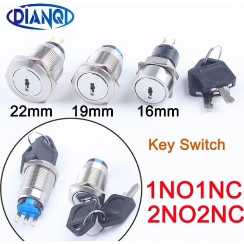 16/19/22mm Brass chrome Key Metal Waterproof brass 2/3 position Push Button Switch 1NO1NC/2NO2NC Button press button with 2 keys