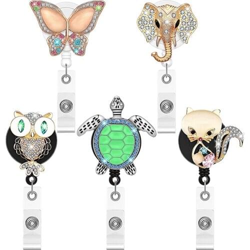 5Pcs Retractable Badge Reel Cute Animals Badge Holder Bling Rhinestones Badge Reel Holder with Alligator Clip