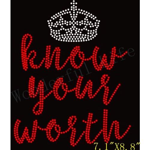 Free Shipping KNOW YOUR WORTH WITH CROWN red with white clear crystal Hot RHINESTONE TRANSFER Design
