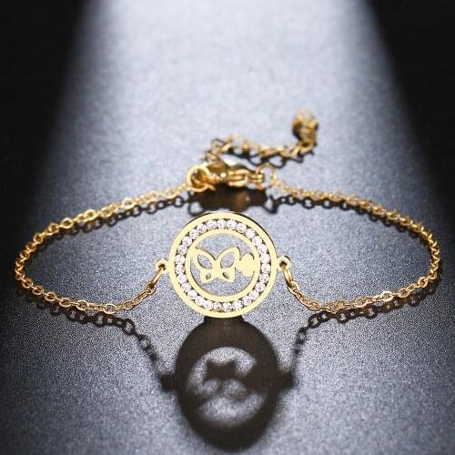 CACANA 316L Stainless Steel For Women Crystal Bracelet Cute Animal Butterfly Love Bracelets Gold Color Engagement Gifts Jewelry