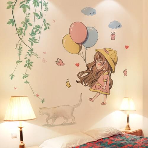 Cartoon Girl Balloon Wall Stickers DIY Leaves Cats Mural Decals for Kids Rooms Baby Bedroom Kitchen Nursery Home Decoration