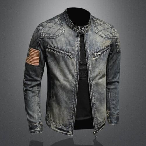 New European and American style denim jacket for men slim personality torn patch lapel jacket black casual jacket for men