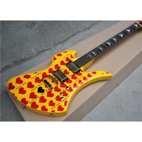 Special shaped electric guitar with red heart and yellow body can be customized and delivered free of charge