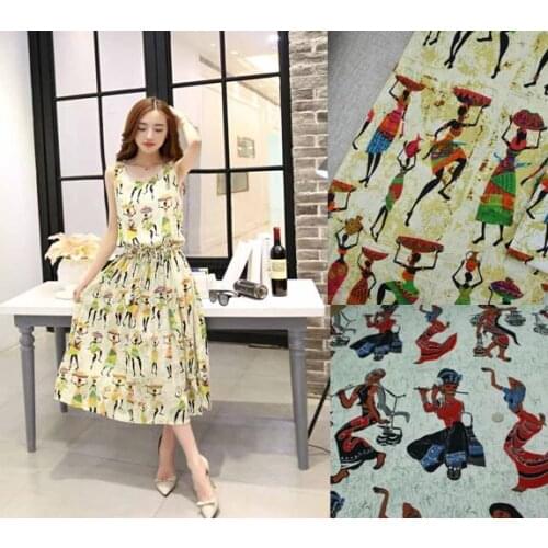 YY DIY Pretty 100x140cm White & Beige Indian Ancient Lady Printed Cotton Linen Fabric