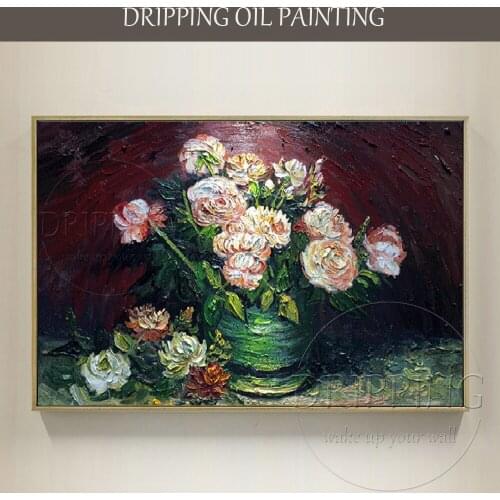 Artist Hand-painted Thick Oil Peony and Roses Flowers Oil Painting Reproduction Van gogh Pot with Peony and Roses Oil Painting