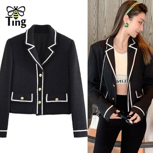 Tingfly 2022 New Winter Autumn Tweed High Quality Black Notched Blazers Coat Short Fashion Single Breasted Jacket Outerwear Za