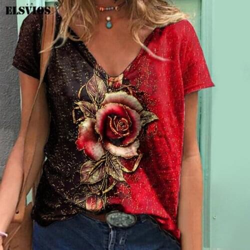 Summer V-Neck Rose Print Short Sleeve Loose T-Shirt Women 3D Graphic Harajuku Loose Top Female Casual Basic Retro Streetwear Tee