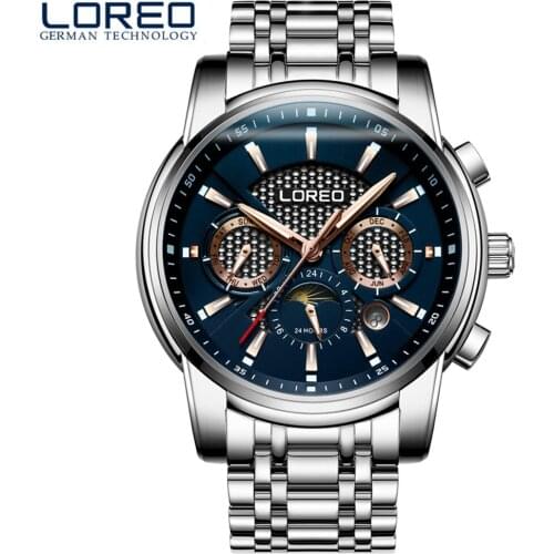 LOREO Diving Series Automatic Mechanical Watch Men Multifunction Calendar Week Moon phase Luminous 50M Waterproof Watch Mens