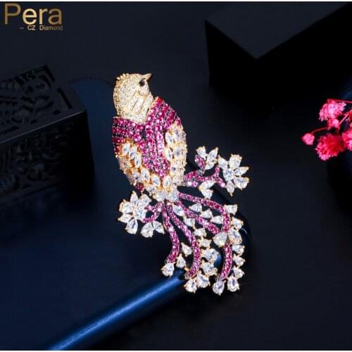 Pera Lovely Bird Design Red White Cubic Zirconia Gold Color Cute Animal Brooches Pins Wear Badge Jewelry Gift for Friends C009