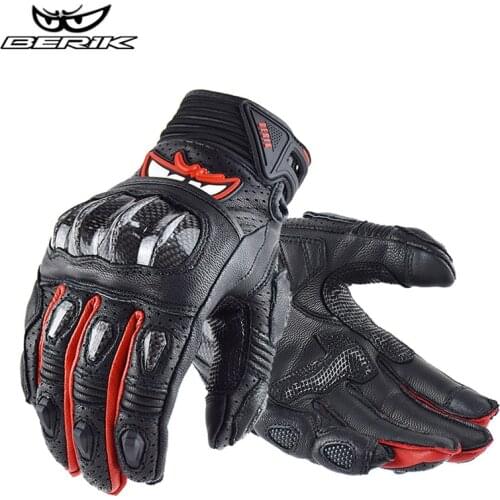BERIK Carbon Fiber Protection Motorcycle Glove Screen Touch Real Leather Motorbike Moto Glove Summer Breathable Full Finge Glove