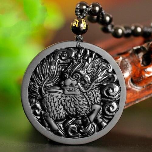 Natural Black Obsidian Bead Necklace Hand-Carved Kirin Jade Dragon Pendant Fashion Charm Jewellery Lucky Amulet Gifts Men New