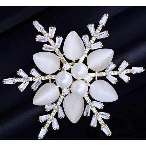 OKILY Gorgeous Opal Flower Brooches for Women Xmas Gift Snowflake Brooch Pins with Pearl Coat Suit Jewelry Accessories