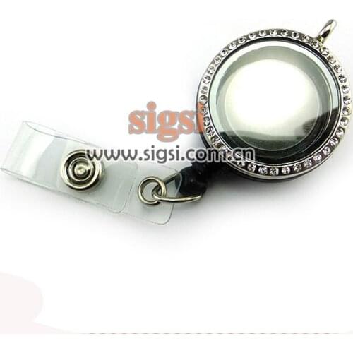 Wholesale Crystal Round Floating Locket Rhinestone Retractable Reel ID Badge Holder