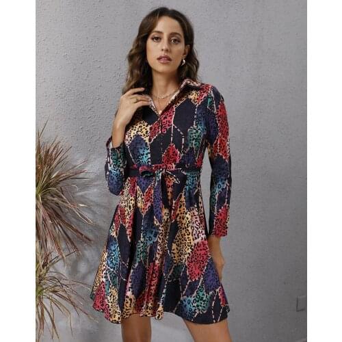 Women Geometric Print A-Line Dresses Single-Breasted Bandage Long Sleeve Mini Y2K Dress For Woman Robe Femme Vestido De Mujer
