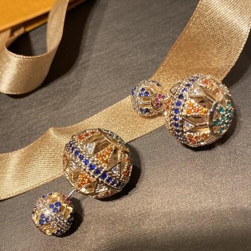 Luxury Hollow Designer Colorful Cubic Zircon Two Side Ball Stud Earrings Vintage Enthic Jewelry For Women Party Gift