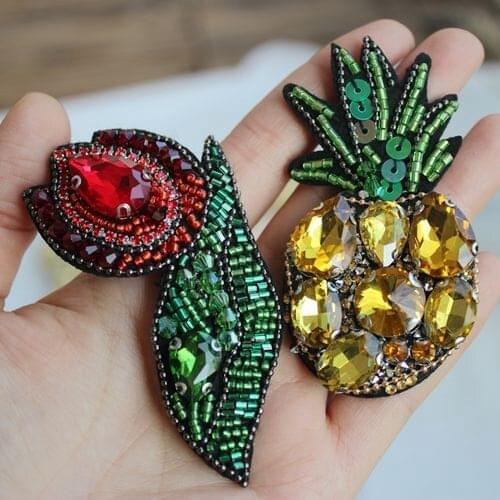 Rose Flower Patch Diy Patches for Clothing Appliqued Rhinestone Pineapple Patch Fabric Crystal Hairpin Leaf Hairpin