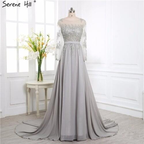 Grey Beading Crystal Formal Long Sleeve back cover elegant evening dresses long Prom Custom Size Party Dress 2021 HA2097