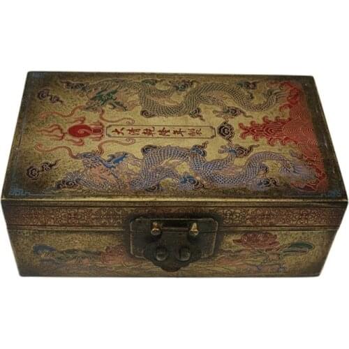 Chinese old Court refinement treasure chest copper storage box brass painting jewelry box