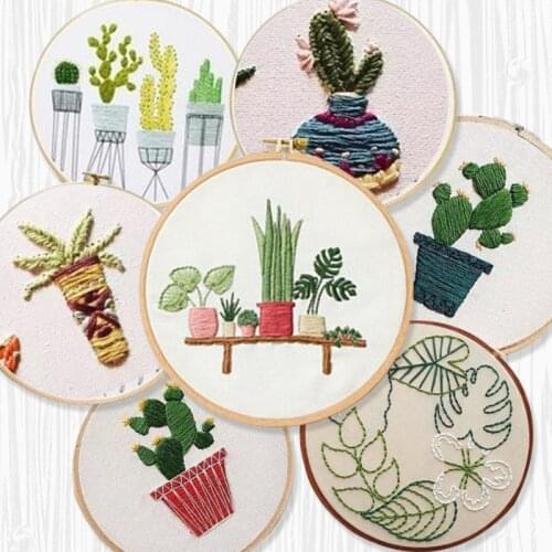 Creative DIY Green Potted Plant Pattern Embroidery Set for Starter Needlework Tools Printed Fabric Sewing craft Material Package