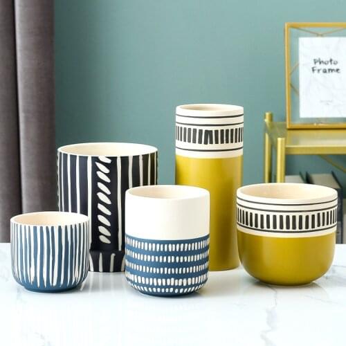 Vases for flowers Nordic decoration home cylindrical geometric pattern blue and yellow ceramic flowers vase