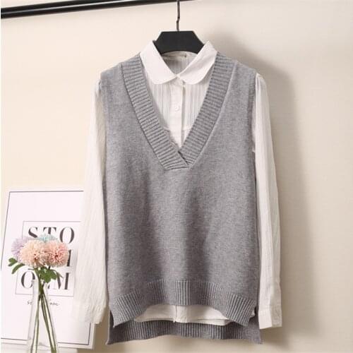 V-Neck Knitted Vest Womens Sweater Autumn and Winter New Korean Loose Wild Sweater Vest Sleeveless Sweater