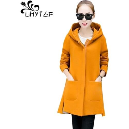 UHYTGF 3XLPlus size jacket women Plus velvet Hooded autumn winter tops coat Solid color Sweatshirt Casual Warm long jacket 768
