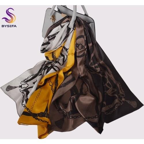 [BYSIFA] Top Grade Ladies Dark Coffee Long Scarves Shawls 2020 New Brand Chain Design Neck Scarves Luxury 100% Silk Scarf Cape