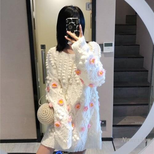 2020 Autumn Winter New Handmade Thick Knit Thread Three-Dimensional Hook Flower Long Sweater Women Fashion Beautiful Pullovers