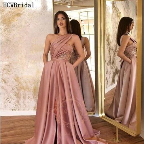 Dusty Rose Long Sexy Prom Dresses One Shoulder High Slit Satin Plus Size Formal Occasion Party Dress Robe De Soiree Abendkleider