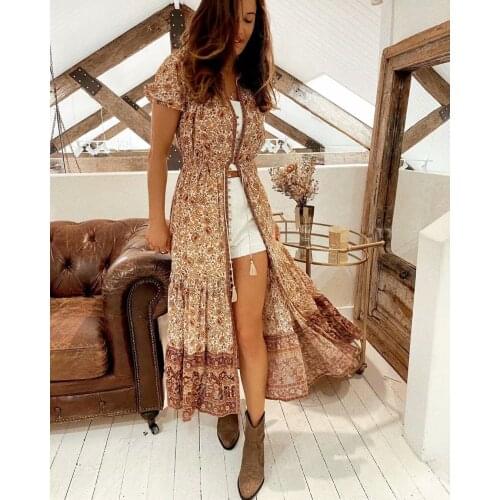 Happie Queens women floral print front botton beach Bohemian Maxi dress Ladies rayon cotton deep v-neck pleated Boho dresses