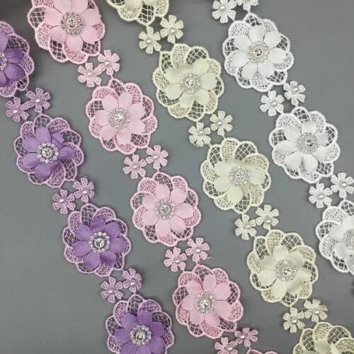 1 yard 4cm Pearl Beaded Diamond Sun Flower Embroidered Lace Trim Ribbon Applique DIY Manual Sewing Supplies Craft Decoration