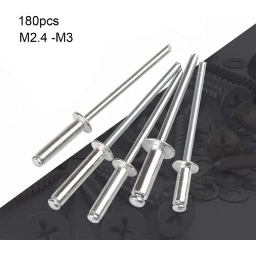 180Pcs M2.4-M3 Rivets Open End No Stab Aluminium Assorted Blind Rivet Set for Construction Woodworking accessories Fasteners