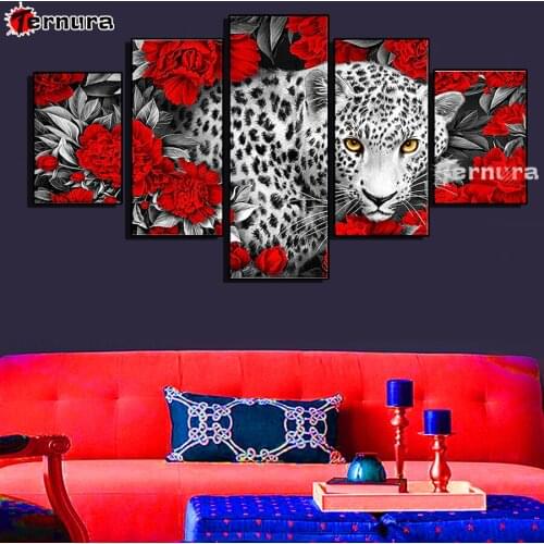 Red flower DIY Full Square Diamond Decoration Animal leopard Gift Diamond Embroidery Mosaic Diamond Painting Cross Stitch 5PCS