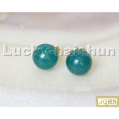 AAA natural Studs 10mm round blue Jade beads Earrings 14K gold post c291