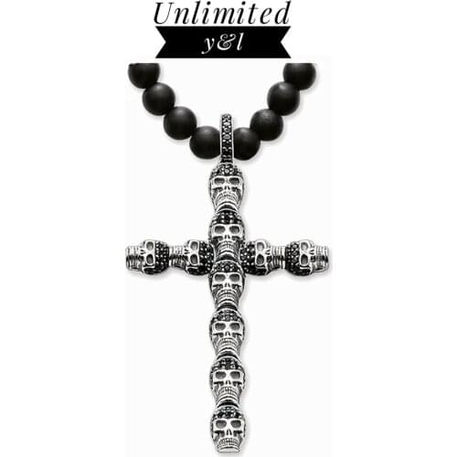 Black Obsidian Beads Necklaces Skull Cross Pendant Necklaces for Women and Men Punk Style Skeleton Silver Fashion Jewelry Gift