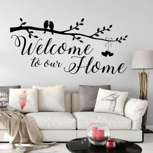 Welcome to our Home Wall Decal Living Room Birds and Branch Hearts on a string Welcome Wall Art Sticker Front Door Decals G943