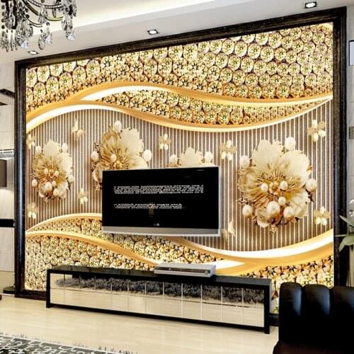 Custom Wallpaper Murals 3D Golden Jewelry Diamond Flower Luxury Hotel Living Room Sofa TV Background Wall Decoration Large Mural