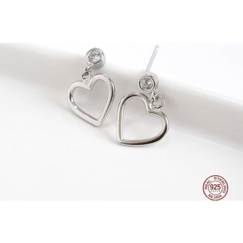 LKO Simplicity Temperament Hollow Out Love Heart 925 Sterling Silver Zircon Heart-Shaped Stud Earrings For Girls Student Gift
