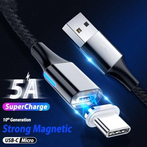 5A Magnetic Type C Cable Led Light Fast Charging QC 3.0 USB Type-C Data Wire Cord For Samsung S21 Xiaomi 11 Ultra Huawei Oneplus