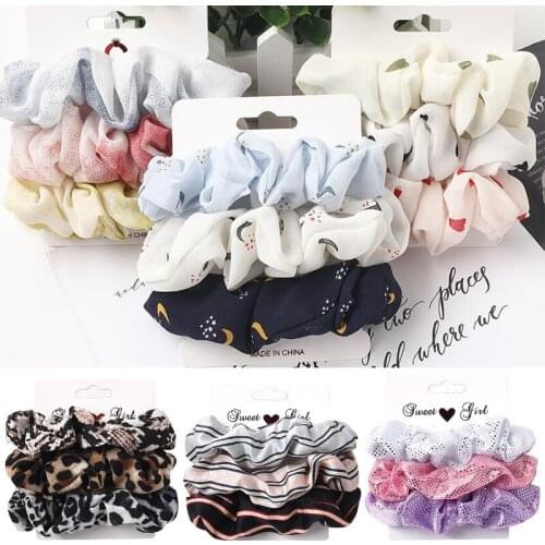 Fashion Fabric Hair Accessories Rope Ponytail 3PC Hair Set Chiffon Elastic Scrunchies Ties