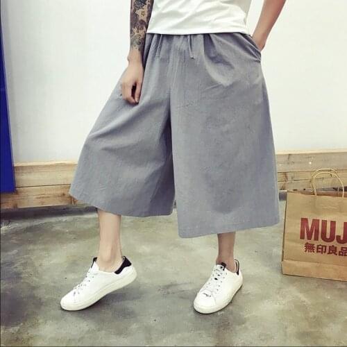 Summer New Mens Calf Length Pants Thin Breathable Linen Pants Casual Culottes Harem Pants Wide Leg Pants Hairstylist Costumes