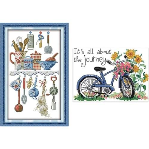 Embroidery Set 11CT Small Clear Cycling Sunflower Pattern Cross Stitch 26x21cm & Kitchenware 29 x 48cm