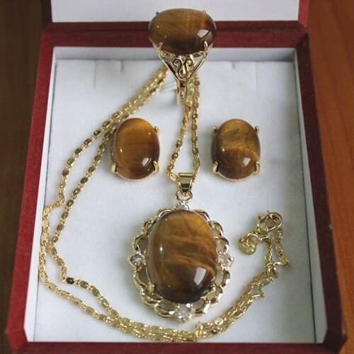 Wholesale fine Inlay tiger eye jade pendant necklace earring & ring jewelry set