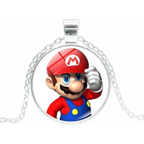 Wholesale Super Marios Bros Necklace Rings Jewlery Kids Time Gemstone Glass Pendant Necklaces Alloy Silver Plated + Glass Gem